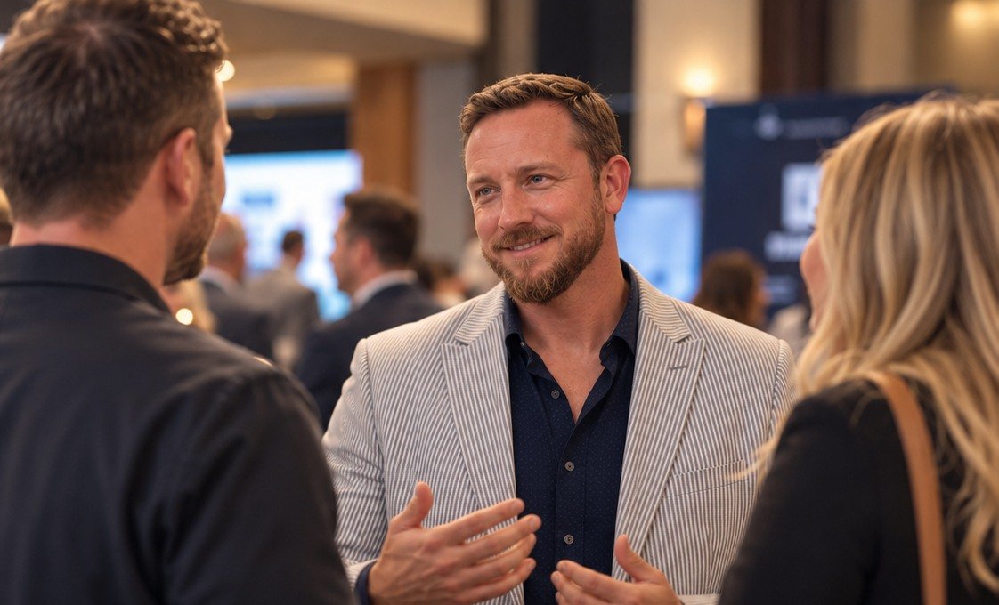 Illustrative networking scene showing Kevin talking with colleagues
